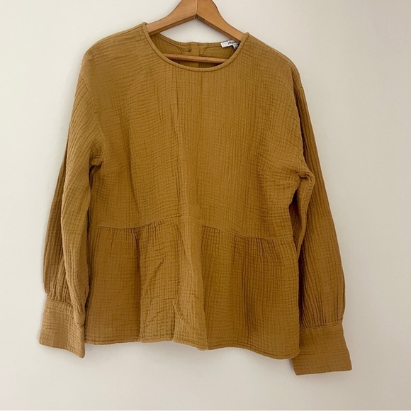 Madewell Lightspun Button-Back Peplum Top Mustard Yellow Tan Large - Picture 3 of 10